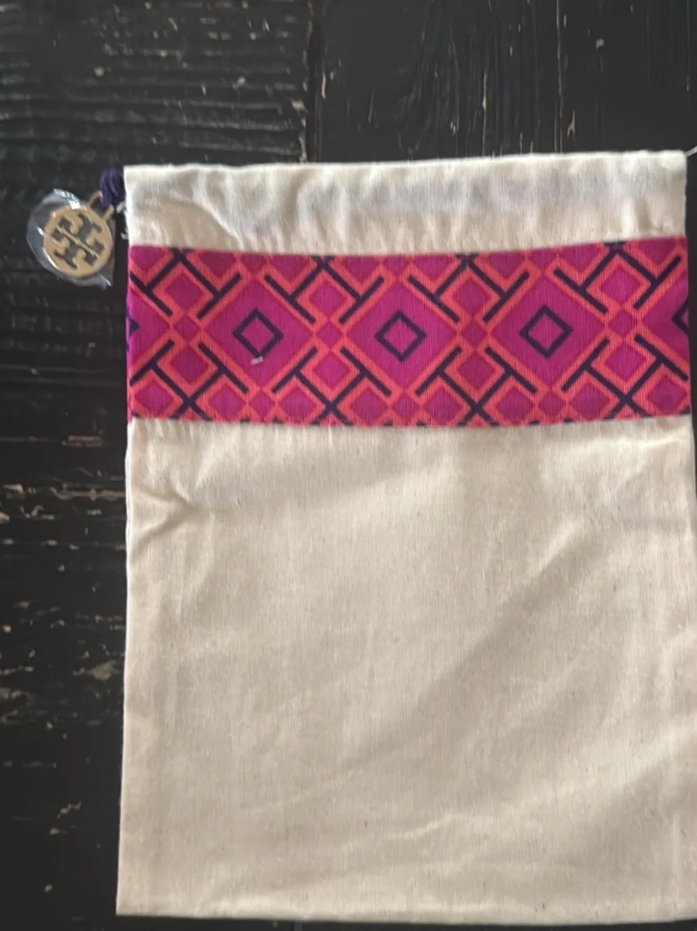 Tory Burch Set of 3 Cotton Drawstring Bags with Pink Geometric Trim